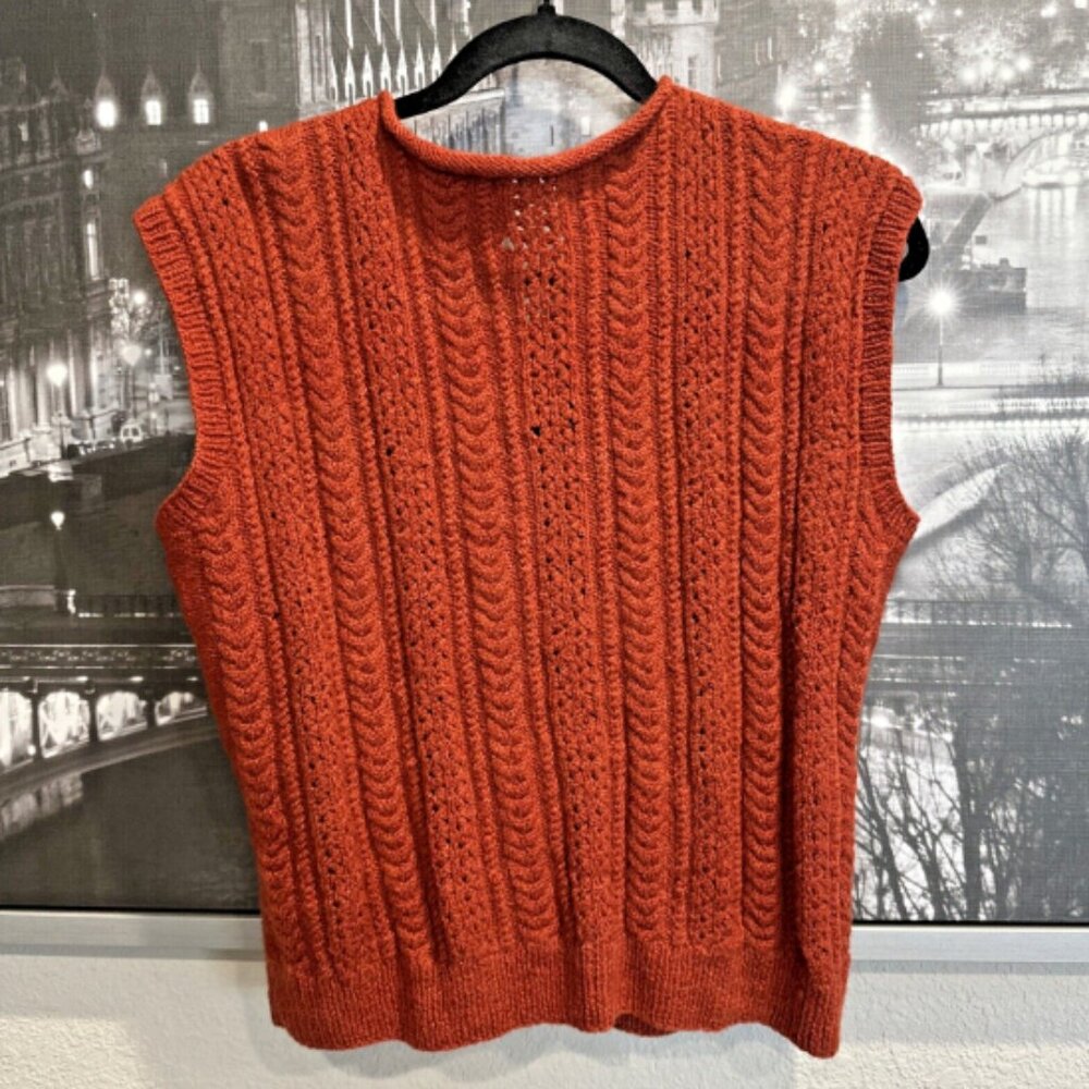 Women's Hand Knit Rust Crochet Sweater Vest‎ Open Front Grannycore Large VINTAGE - Picture 3 of 9